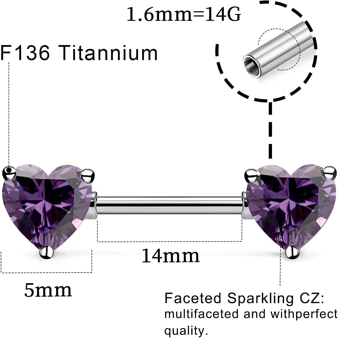 14G ASTM F136 Titanium Nipple Piercing Jewelry Heart CZ Nipple Barbell Jewelry Internally Threaded G23 Solid Titanium Nipple Piercing Barbell Ring Jewelry for Women Men 14 Gauge