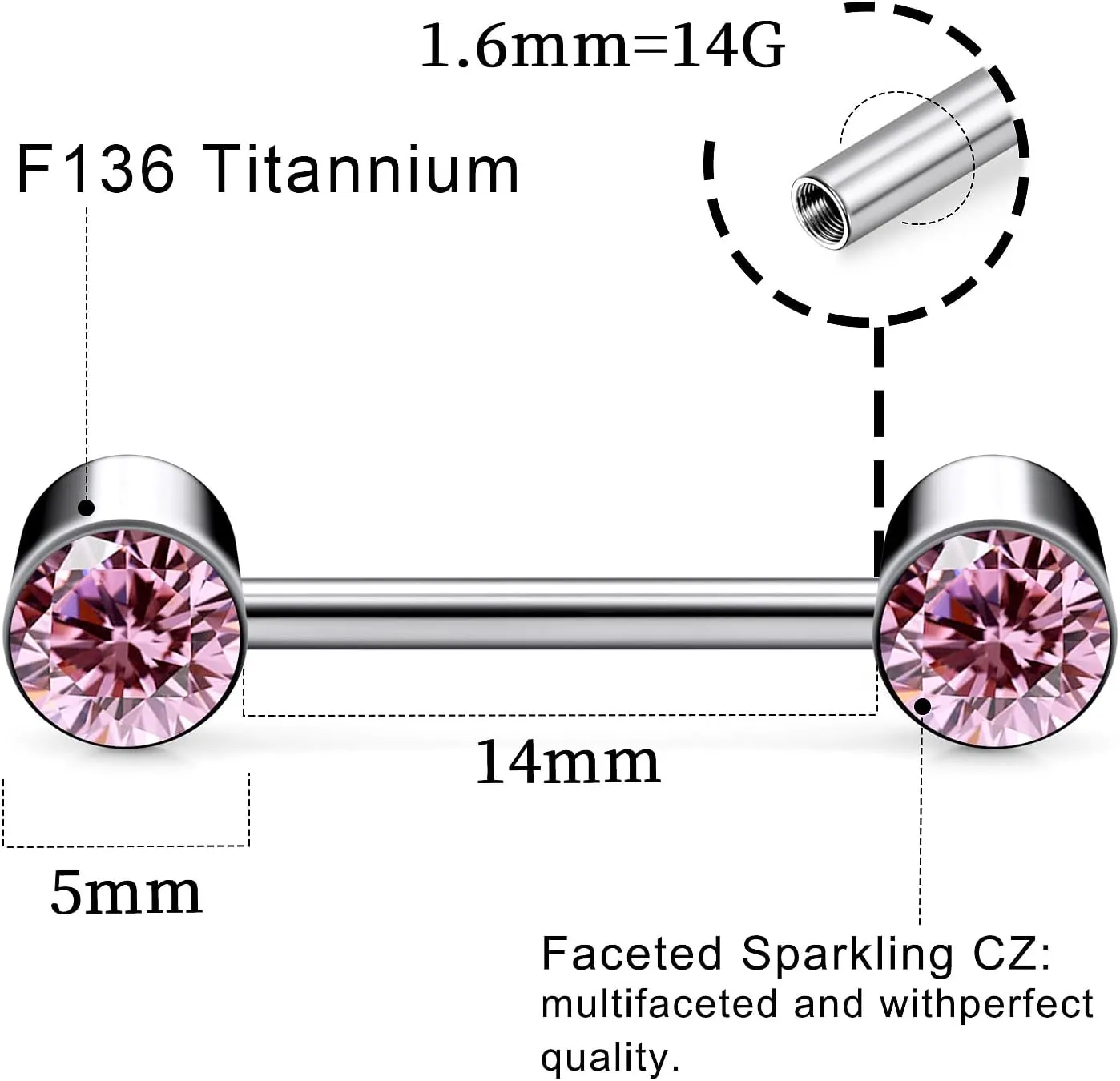 14G ASTM F136 Titanium Nipple Piercing Jewelry Round CZ Nipple Barbell Jewelry Internally Threaded G23 Solid Titanium Nipple Piercing Barbell Ring Jewelry for Women Men 14 Gauge