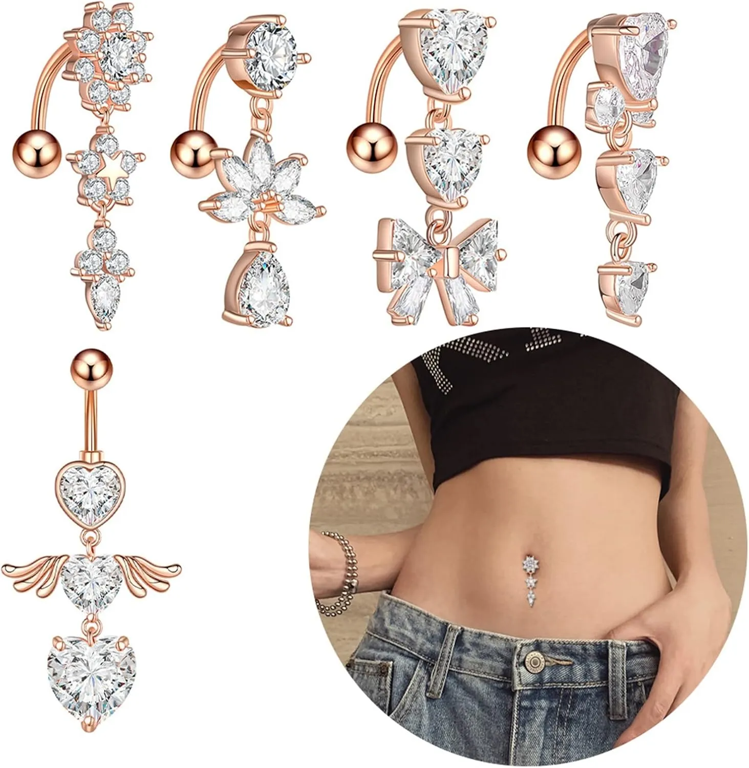 14G Belly Button Ring, 5Pcs Stainless-Steel Inverted Body Piercing Jewelry, Piercing Body Jewelry for Women