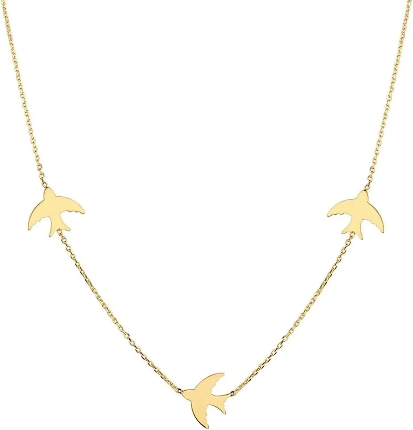 14K Gold Bird Necklace, Three Birds Necklace, Swallows Charm Necklace, Personalized Graduation Gift, Petite Station Chain Choker Necklace
