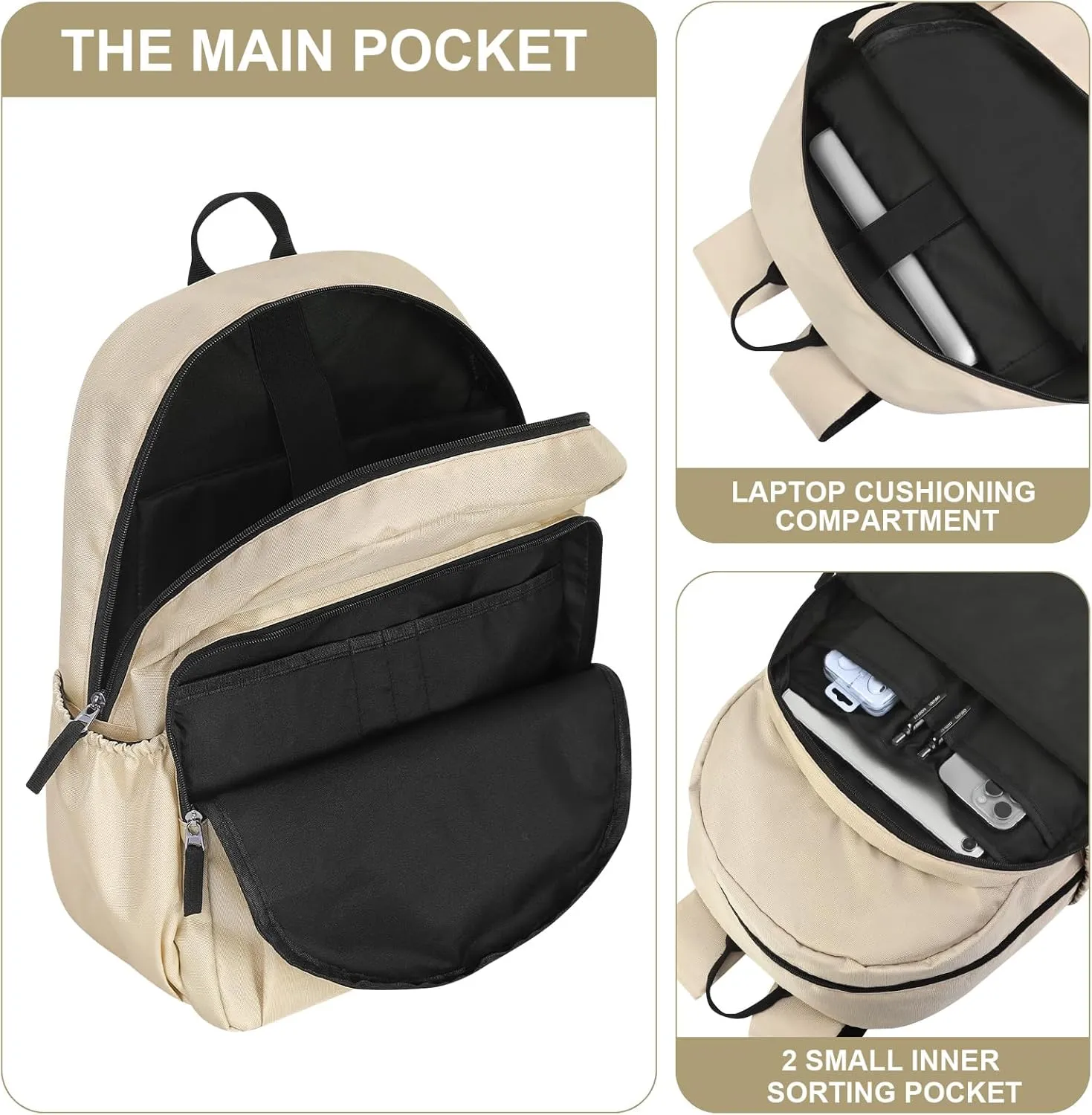 15.6 inch Basic Backpack for Men, Travel Backpack Carry on, Water Resistant School Backpacks for Teens, College Back Pack Bookbag for Boys Girls, Work Backpacks for Women(Beige)