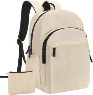 15.6 inch Basic Backpack for Men, Travel Backpack Carry on, Water Resistant School Backpacks for Teens, College Back Pack Bookbag for Boys Girls, Work Backpacks for Women(Beige)