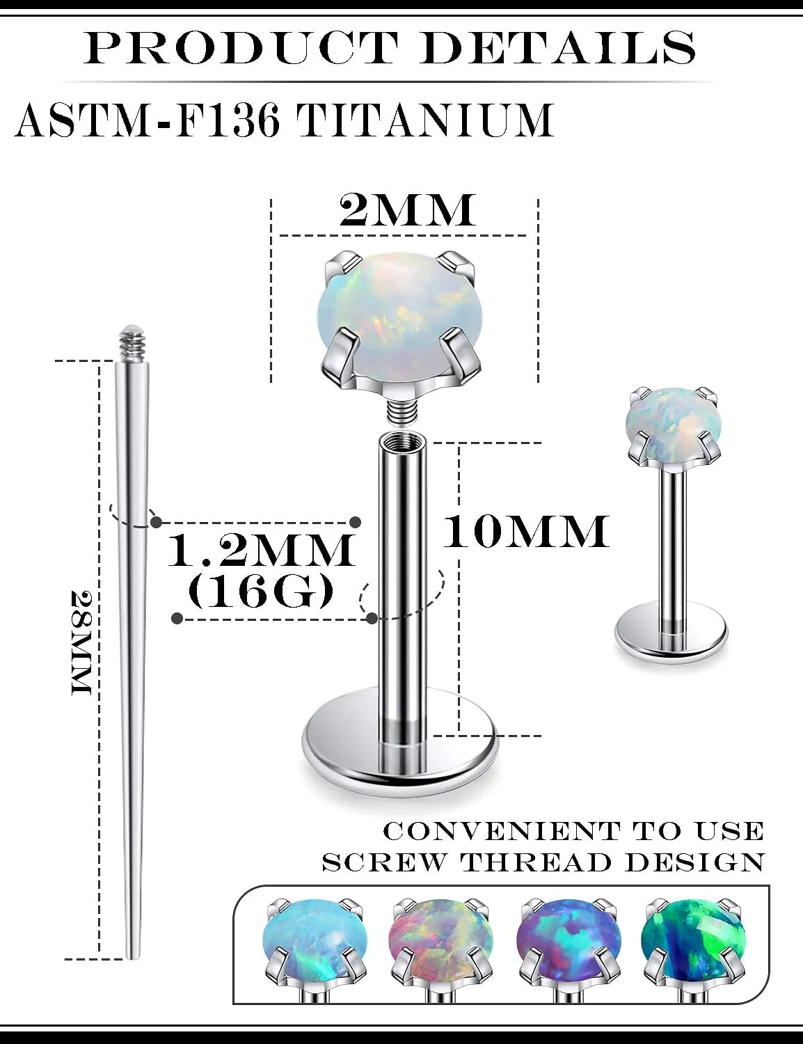 16G F136 Titanium Lip Rings Labret Jewelry Internally Threaded Monroe Lip Ring Medusa Snake Bite Piercing Jewelry Conch Tragus Forward Helix Cartilage Earring Studs Piercing Jewelry Opal