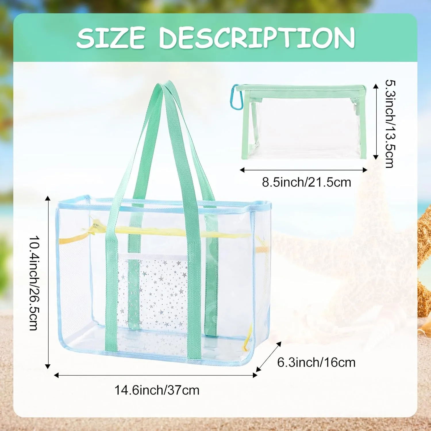 2 Pcs Clear Tote Bag Large Beach Bag Transparent PVC Tote Toiletry Bag Travel Makeup Case for Stadium