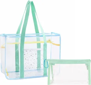 2 Pcs Clear Tote Bag Large Beach Bag Transparent PVC Tote Toiletry Bag Travel Makeup Case for Stadium