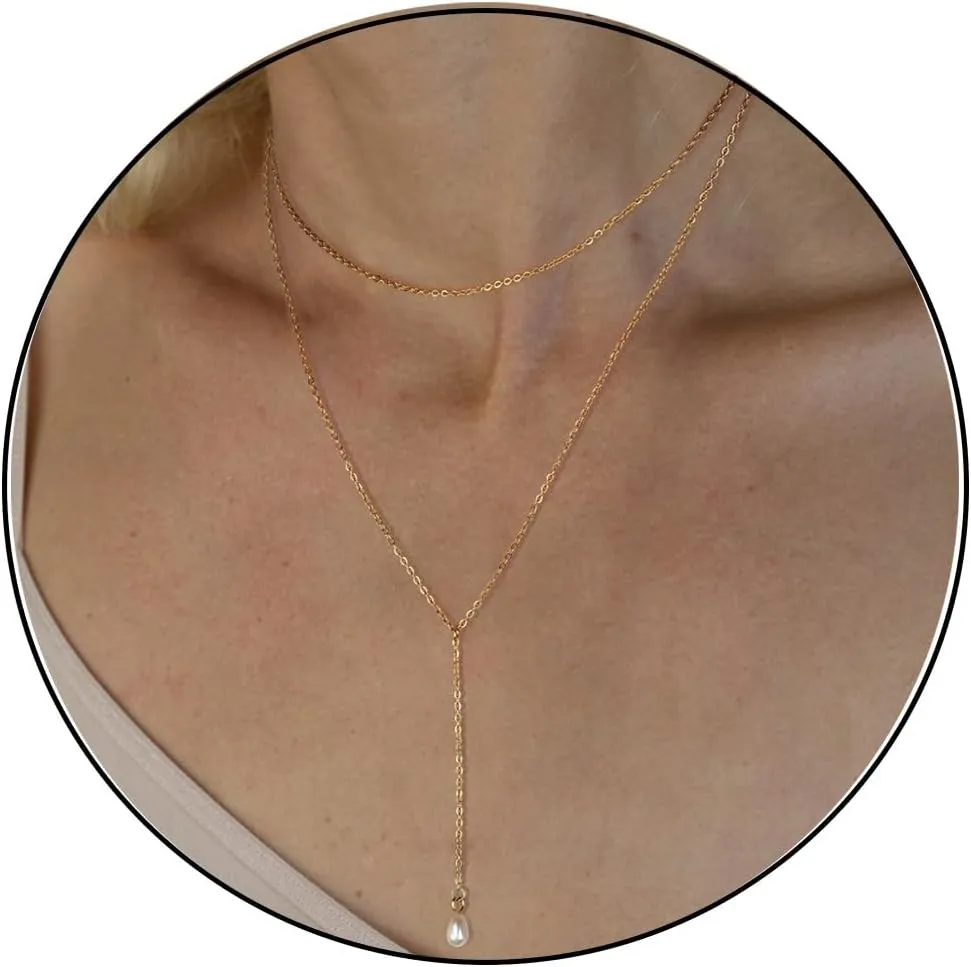 2 PCS Layered Long Gold Necklace Set for Women 18K Gold Plated Dainty Lariat Y Necklaces