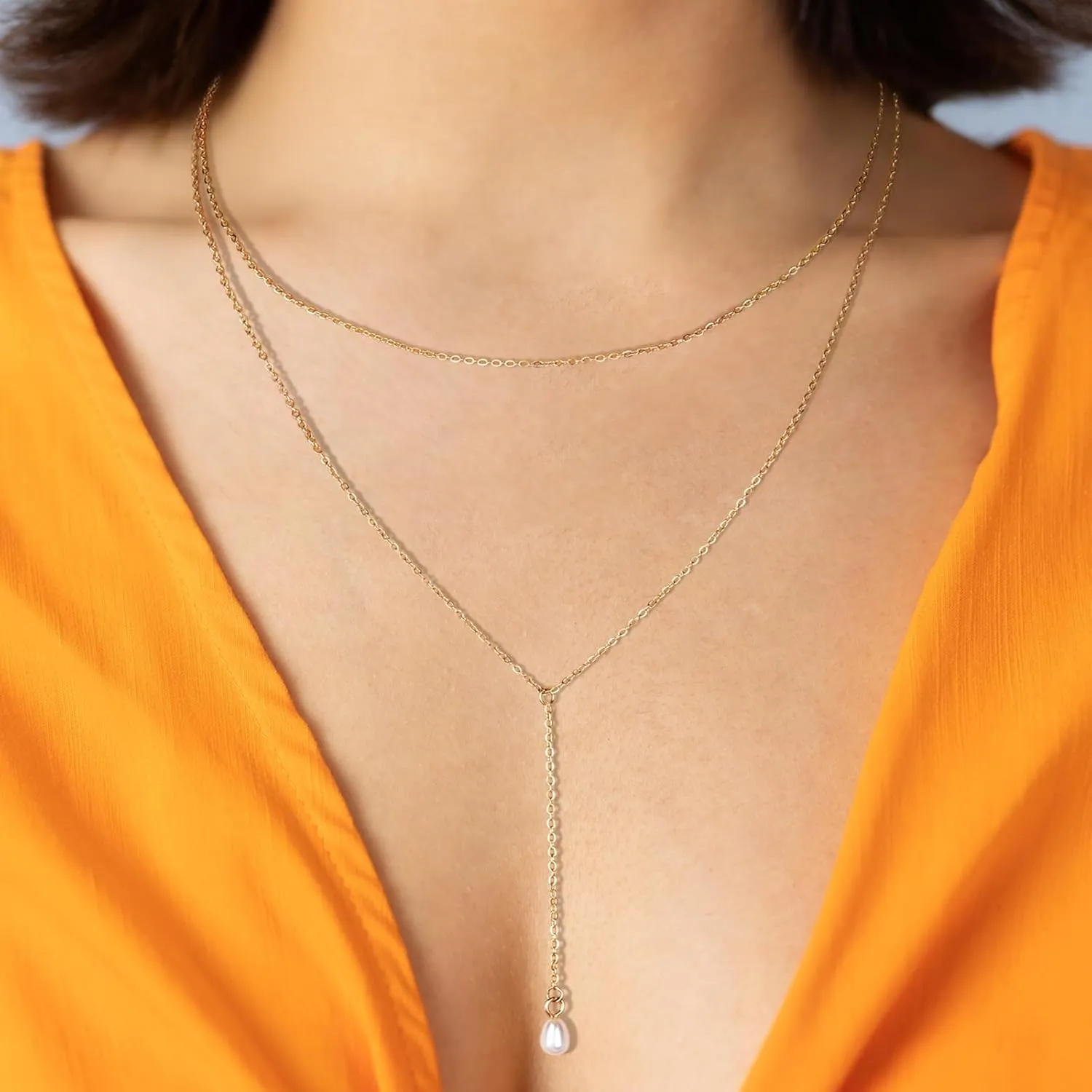 2 PCS Layered Long Gold Necklace Set for Women 18K Gold Plated Dainty Lariat Y Necklaces