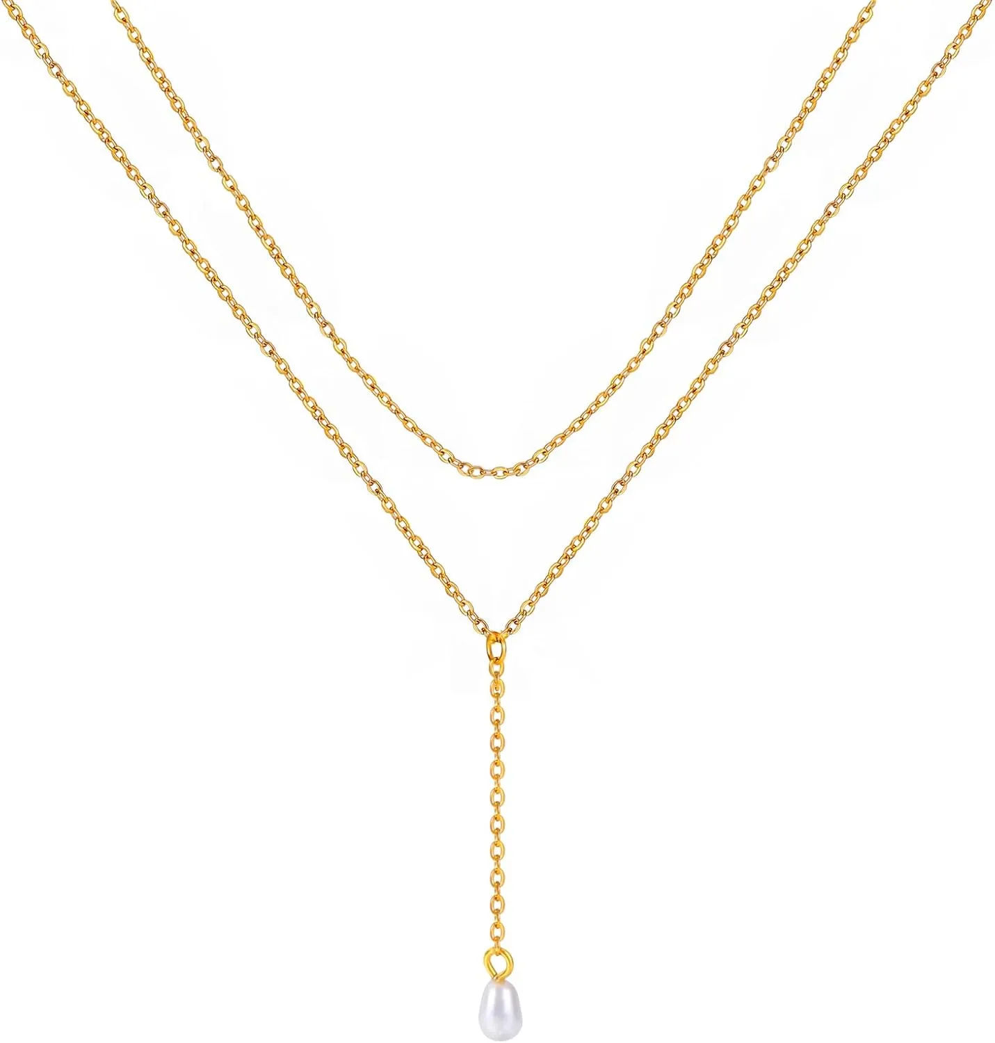 2 PCS Layered Long Gold Necklace Set for Women 18K Gold Plated Dainty Lariat Y Necklaces