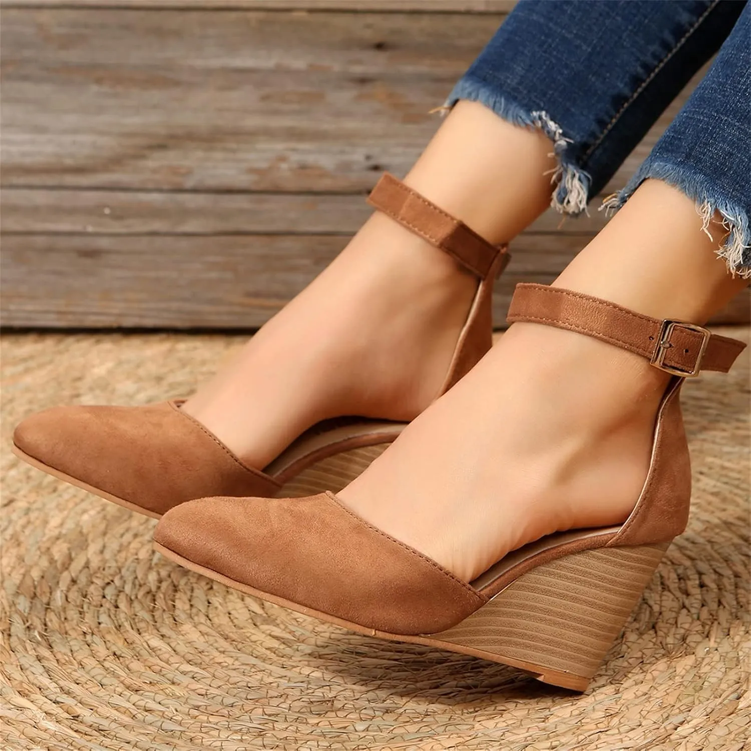 2025 Women Comfortable Wedge Heel Sandals Summer Sexy Ladies Dress Business Slip-On Shoes with Ankle Strap Breathable Height Increase Casual Shoe Fashion Dance Party Wedding Loafers