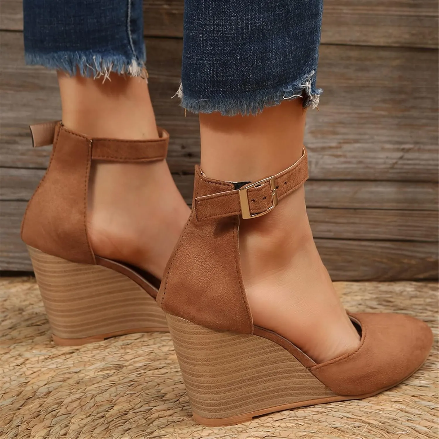 2025 Women Comfortable Wedge Heel Sandals Summer Sexy Ladies Dress Business Slip-On Shoes with Ankle Strap Breathable Height Increase Casual Shoe Fashion Dance Party Wedding Loafers