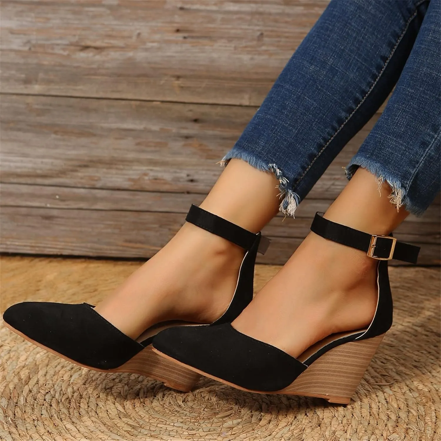 2025 Women Comfortable Wedge Heel Sandals Summer Sexy Ladies Dress Business Slip-On Shoes with Ankle Strap Breathable Height Increase Casual Shoe Fashion Dance Party Wedding Loafers
