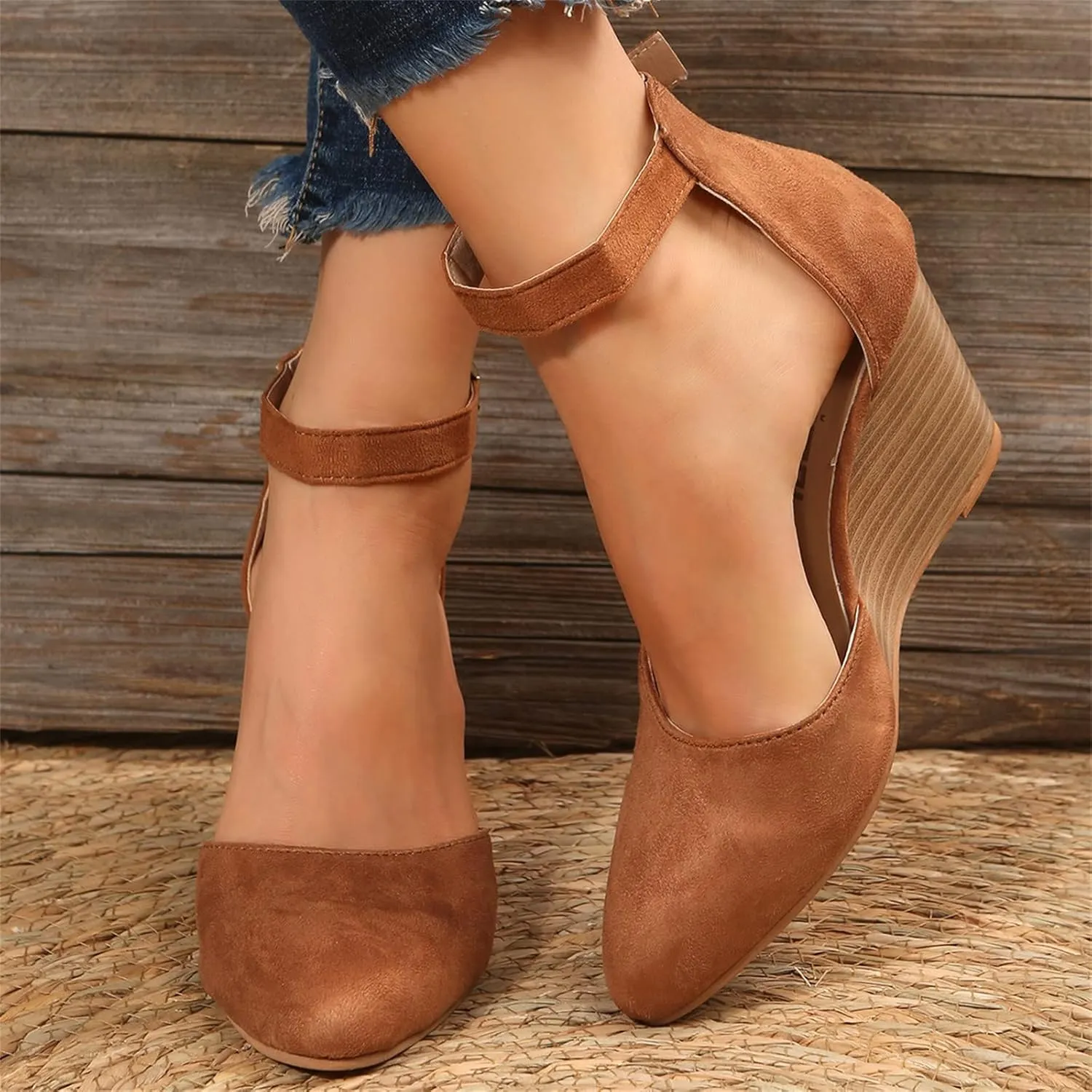 2025 Women Comfortable Wedge Heel Sandals Summer Sexy Ladies Dress Business Slip-On Shoes with Ankle Strap Breathable Height Increase Casual Shoe Fashion Dance Party Wedding Loafers