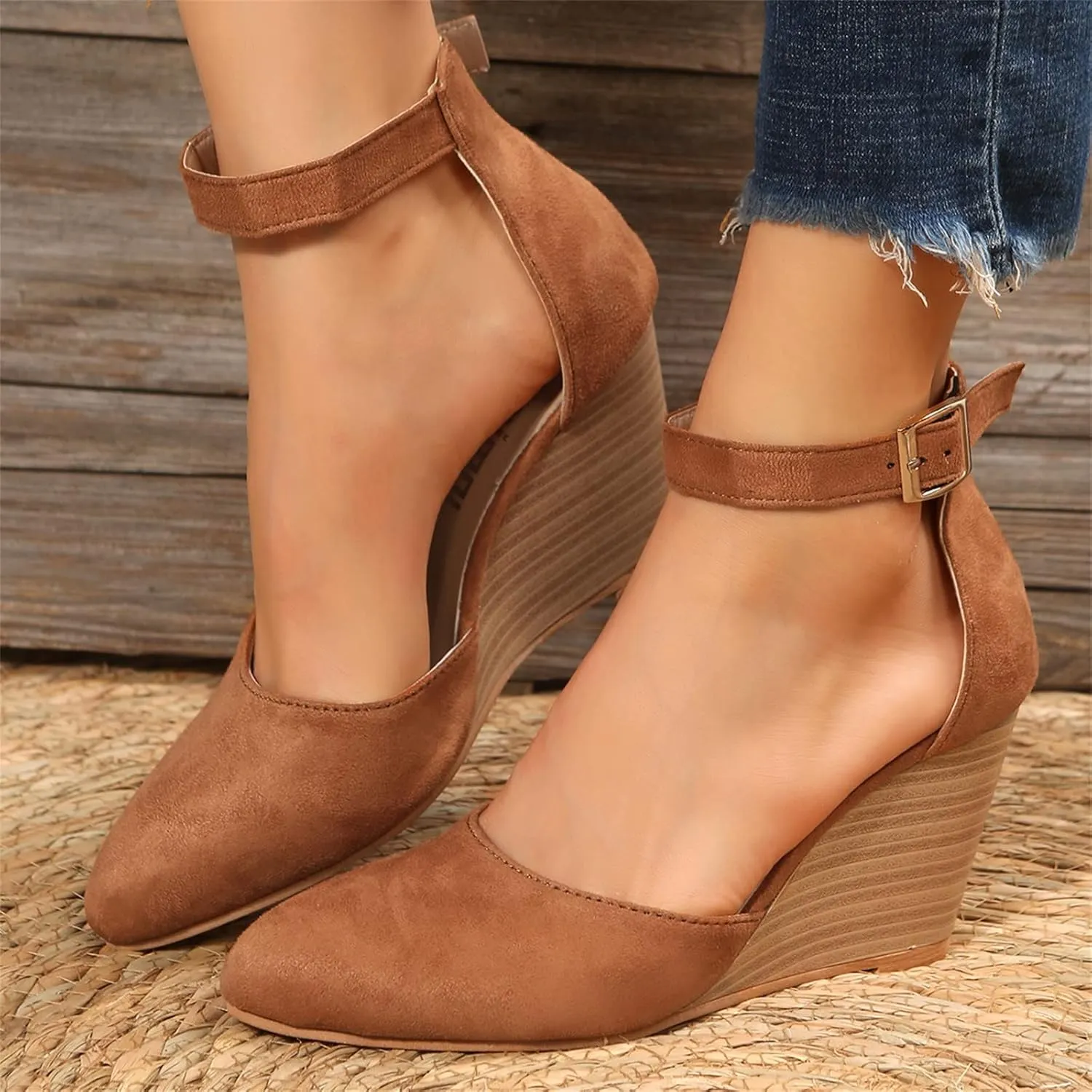 2025 Women Comfortable Wedge Heel Sandals Summer Sexy Ladies Dress Business Slip-On Shoes with Ankle Strap Breathable Height Increase Casual Shoe Fashion Dance Party Wedding Loafers