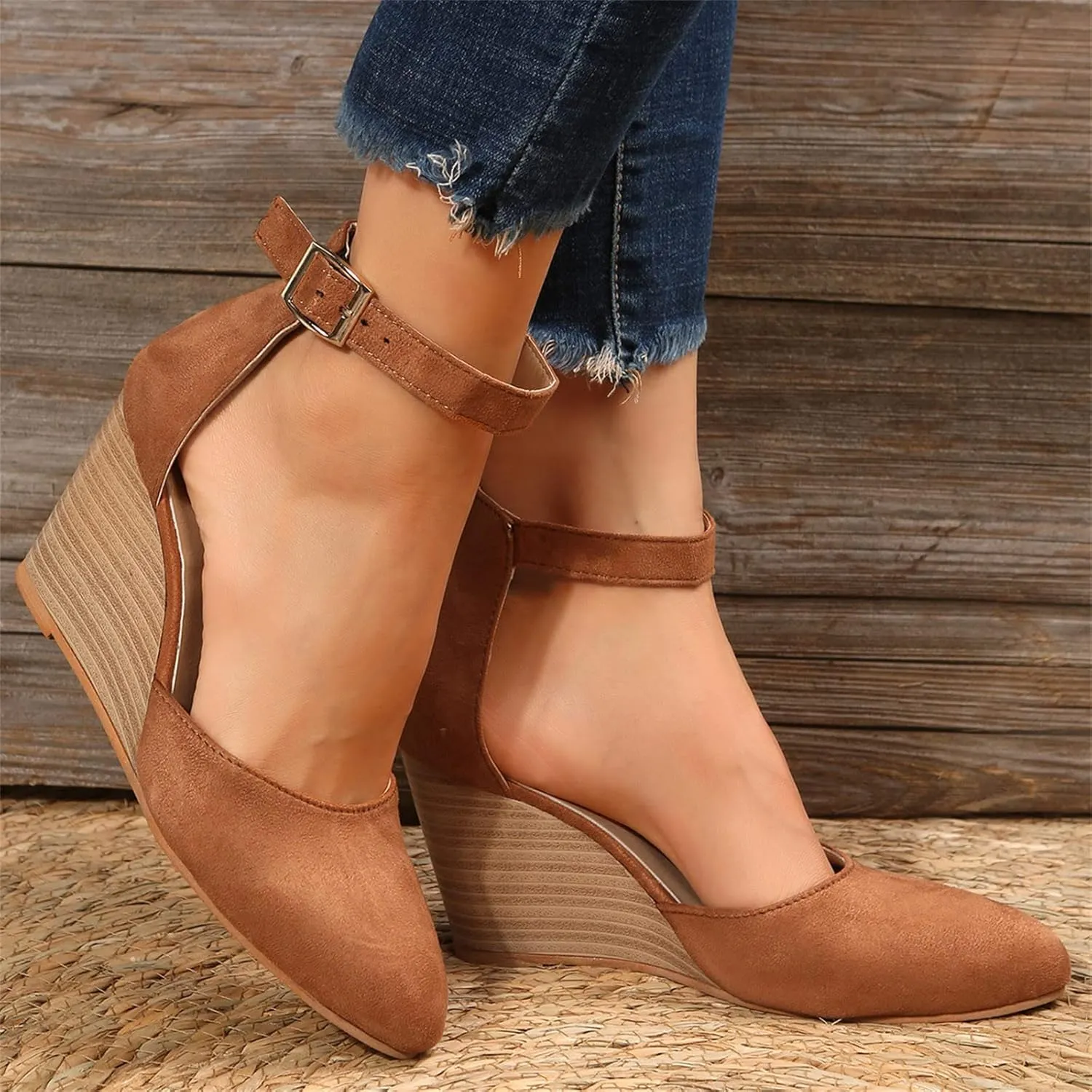 2025 Women Comfortable Wedge Heel Sandals Summer Sexy Ladies Dress Business Slip-On Shoes with Ankle Strap Breathable Height Increase Casual Shoe Fashion Dance Party Wedding Loafers
