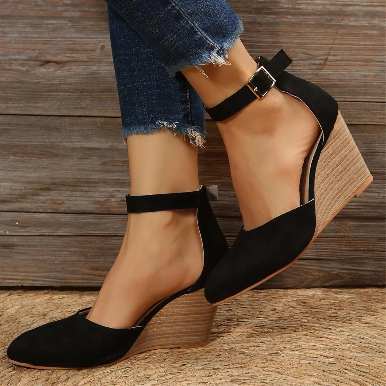 2025 Women Comfortable Wedge Heel Sandals Summer Sexy Ladies Dress Business Slip-On Shoes with Ankle Strap Breathable Height Increase Casual Shoe Fashion Dance Party Wedding Loafers