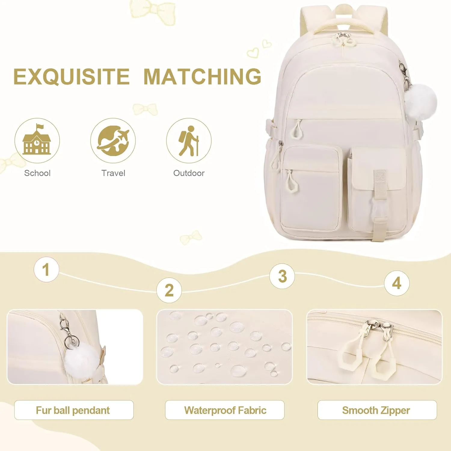 3PCS Girls Backpack for School, Kids Backpack for Girls with Lunch Bag Pencil Case, Kids Bookbag Teen Girl Backpacks for Elementary Middle High College School (White)