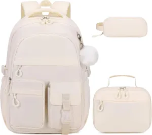 3PCS Girls Backpack for School, Kids Backpack for Girls with Lunch Bag Pencil Case, Kids Bookbag Teen Girl Backpacks for Elementary Middle High College School (White)