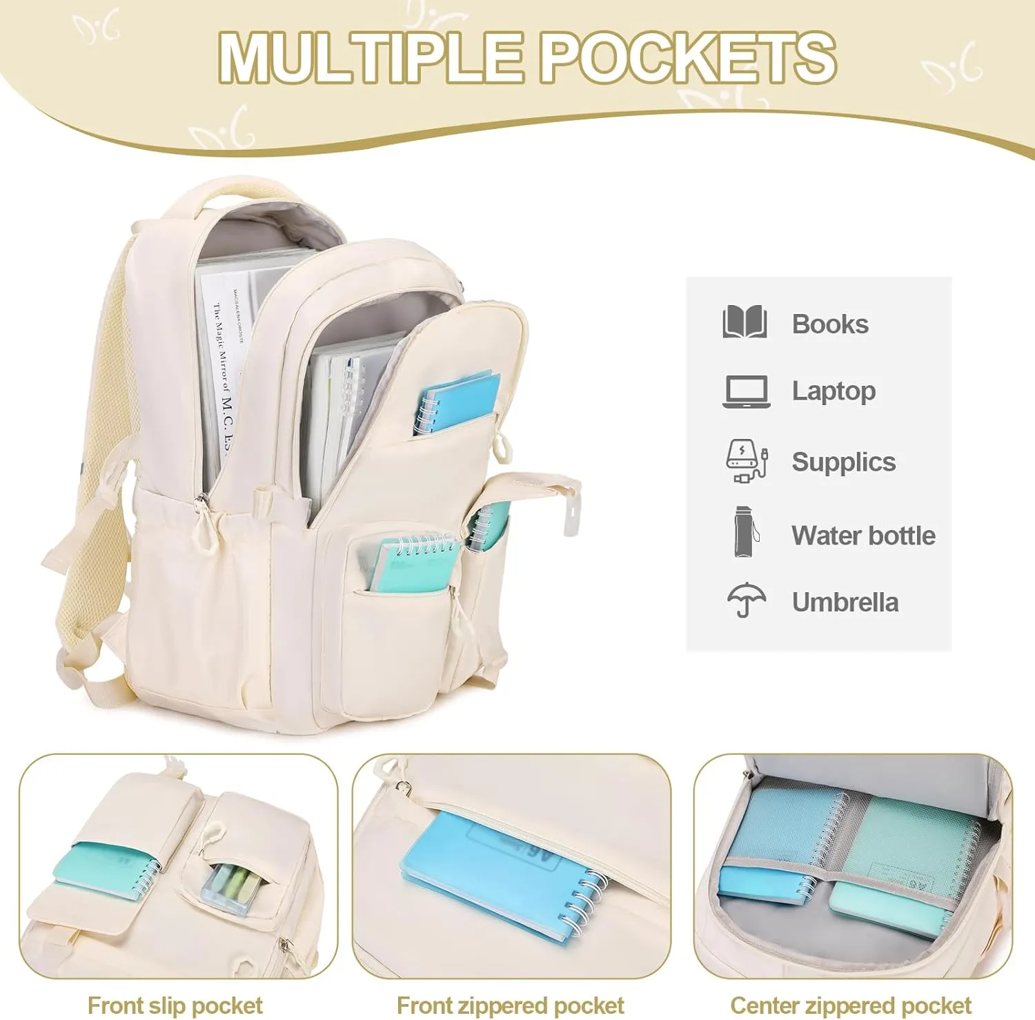 3PCS Girls Backpack for School, Kids Backpack for Girls with Lunch Bag Pencil Case, Kids Bookbag Teen Girl Backpacks for Elementary Middle High College School (White)