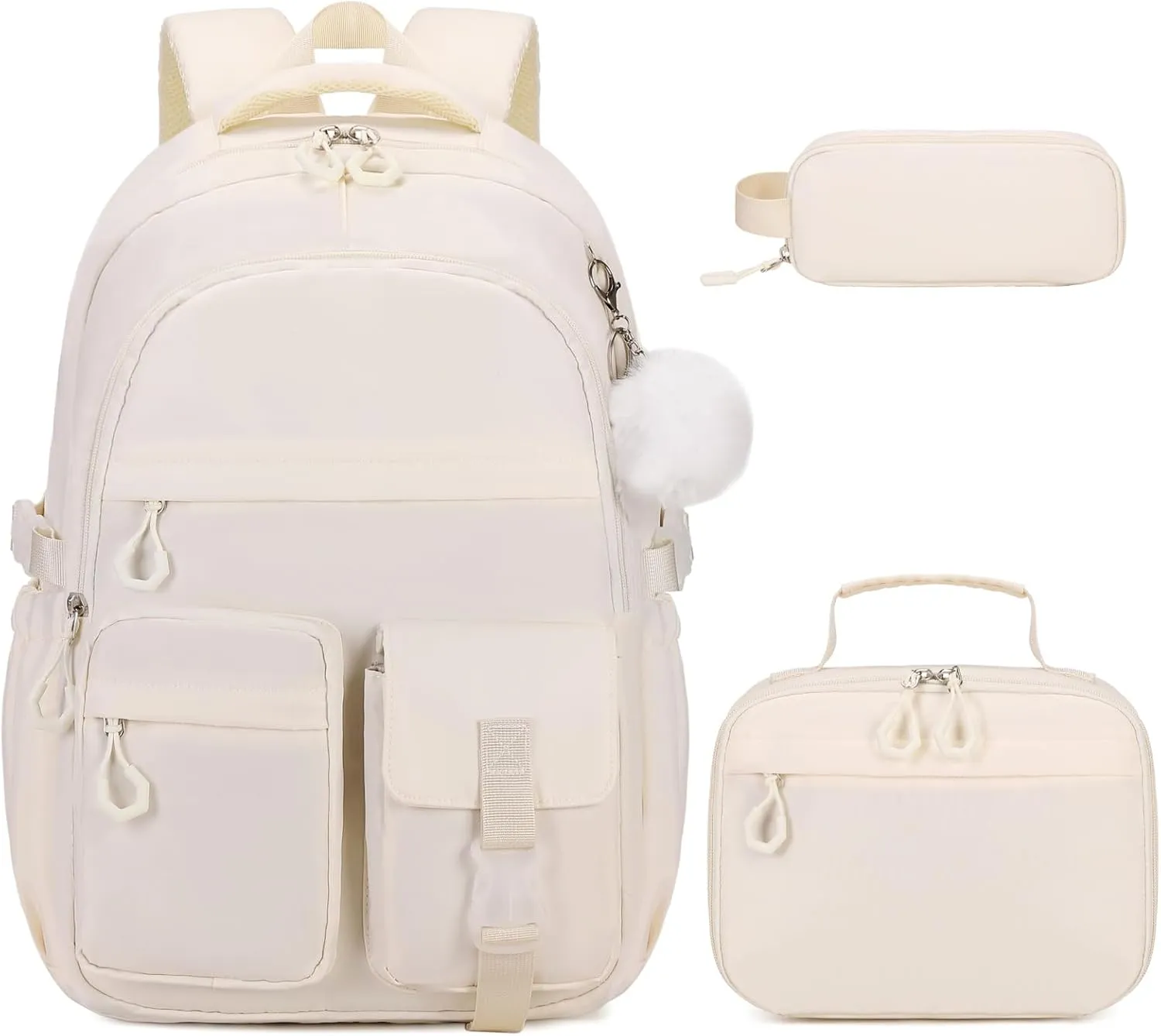 3PCS Girls Backpack for School, Kids Backpack for Girls with Lunch Bag Pencil Case, Kids Bookbag Teen Girl Backpacks for Elementary Middle High College School (White)