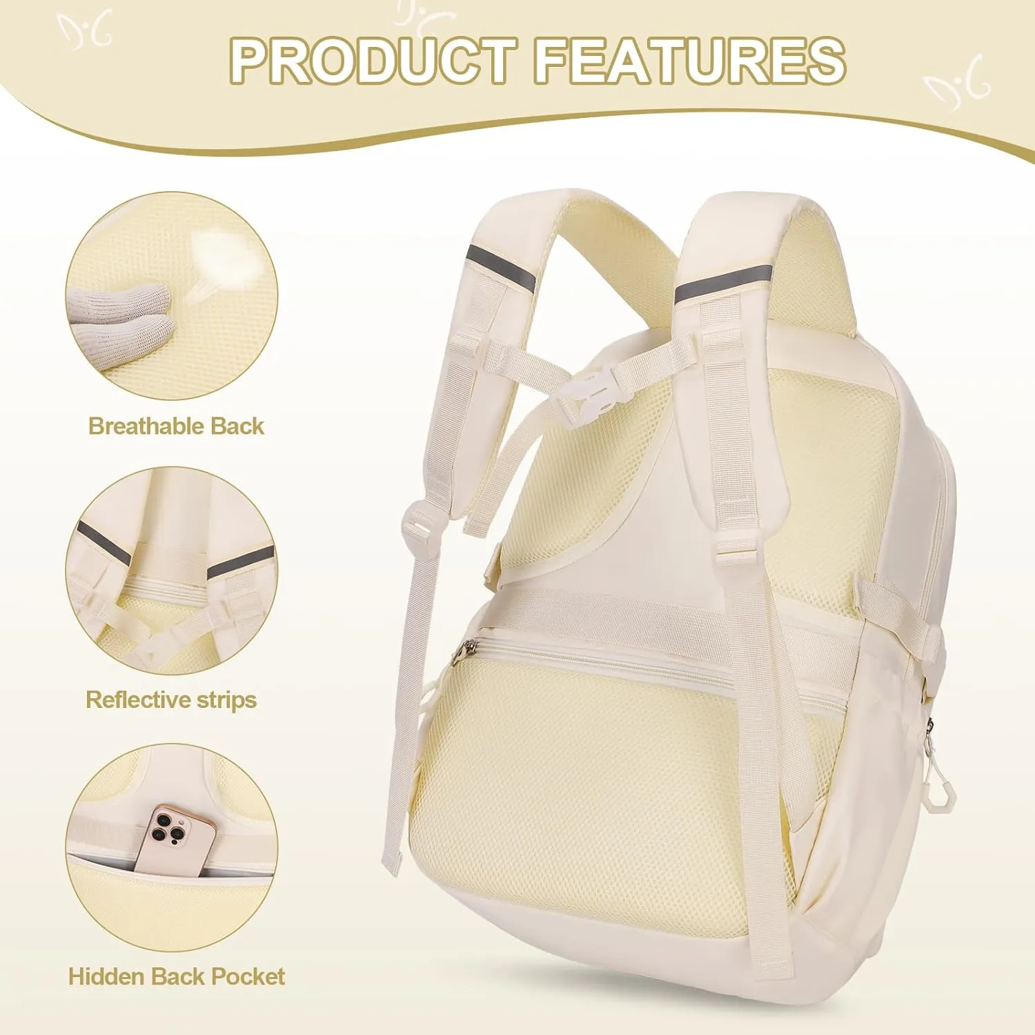3PCS Girls Backpack for School, Kids Backpack for Girls with Lunch Bag Pencil Case, Kids Bookbag Teen Girl Backpacks for Elementary Middle High College School (White)