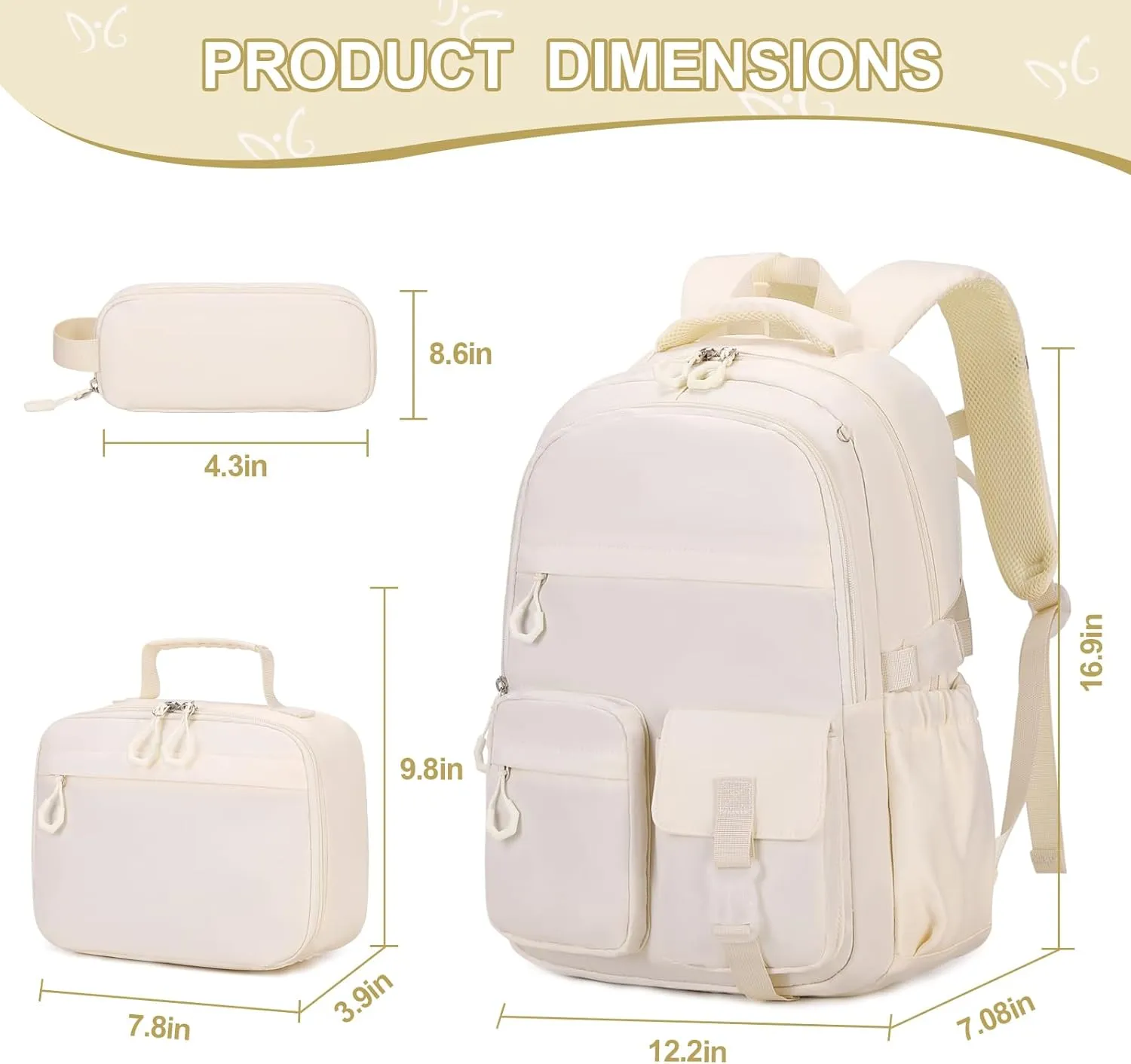 3PCS Girls Backpack for School, Kids Backpack for Girls with Lunch Bag Pencil Case, Kids Bookbag Teen Girl Backpacks for Elementary Middle High College School (White)