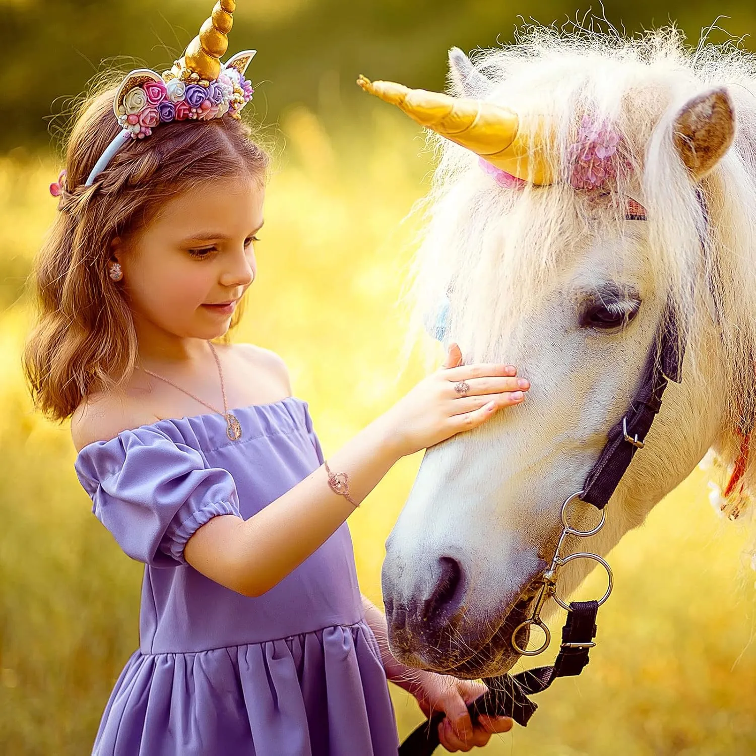 4 Pcs Girls Unicorn Jewelry Set Unicorn Necklace Bracelet Ring Stud Earrings for Kids Rainbow Jewelry