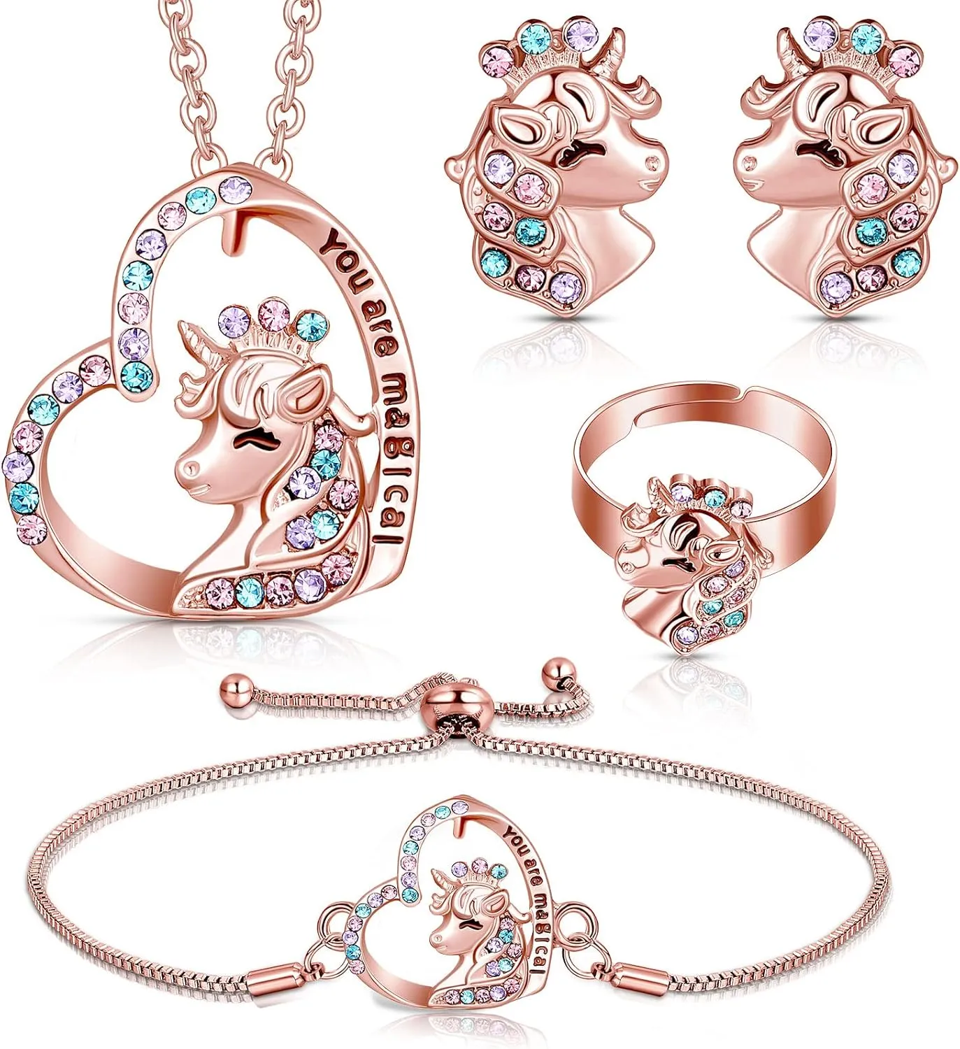 4 Pcs Girls Unicorn Jewelry Set Unicorn Necklace Bracelet Ring Stud Earrings for Kids Rainbow Jewelry