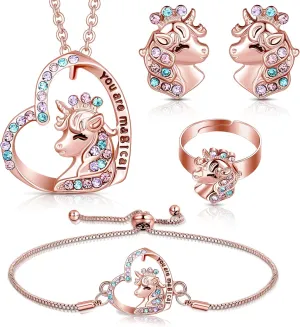 4 Pcs Girls Unicorn Jewelry Set Unicorn Necklace Bracelet Ring Stud Earrings for Kids Rainbow Jewelry