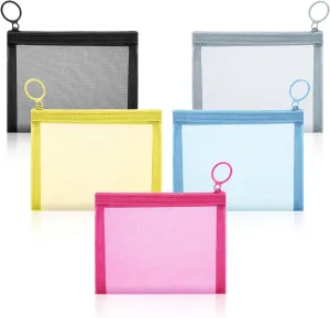 5PCS Mini Mesh Bags with Zipper 4"X5" Small Nylon Mesh Makeup Pouch, Portable Coin Purse Card Holder Toiletry Cosmetic Mesh Travel Organizer Bags for Lipstick Jewelry Earphone Credit, Assorted Colors