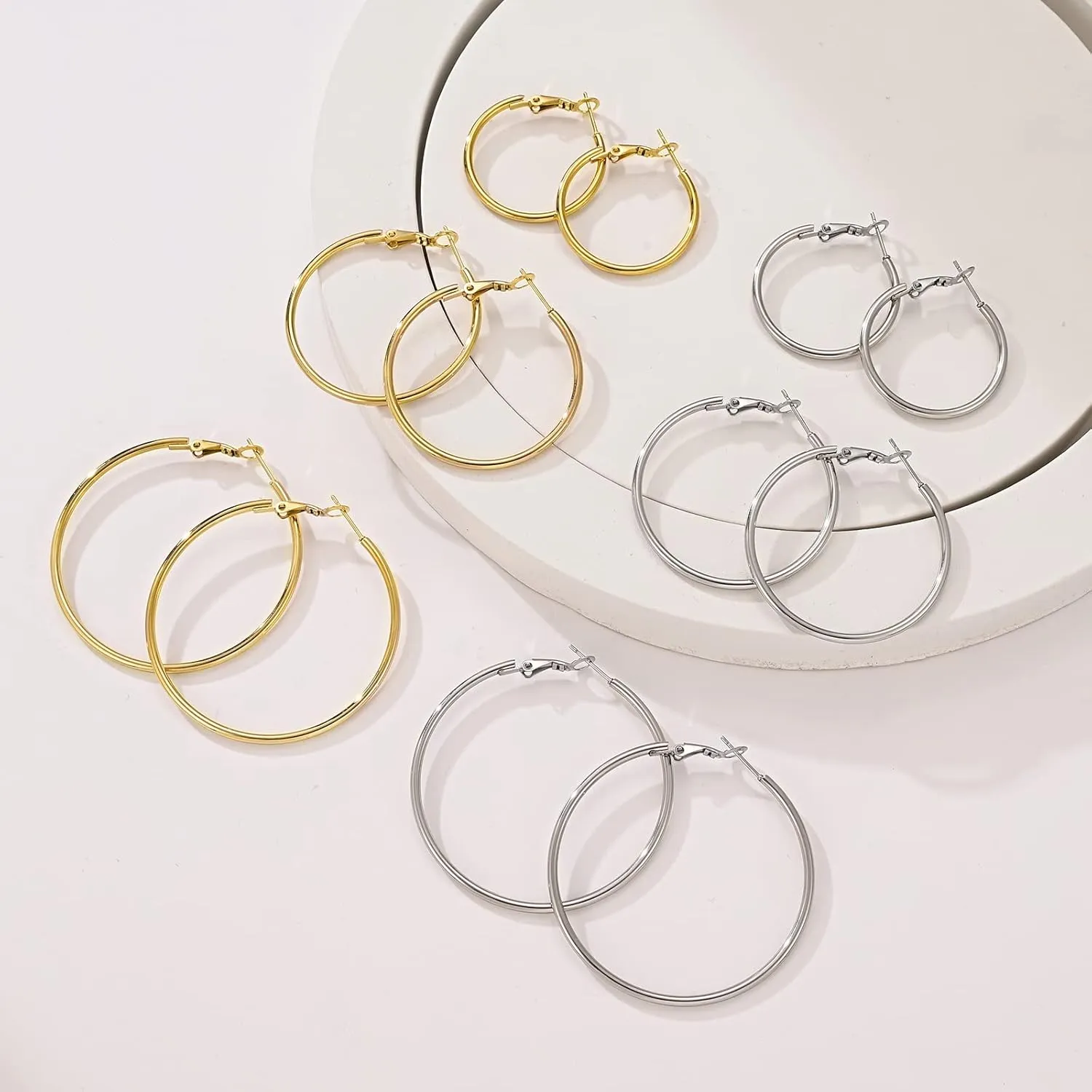 6 Pairs Gold Silver Hoop Earrings for Women, 14K Gold Plated Stainless steel Hoop Earring for Women, Lightweight Hypoallergenic Dainty Hoop Earrings Set
