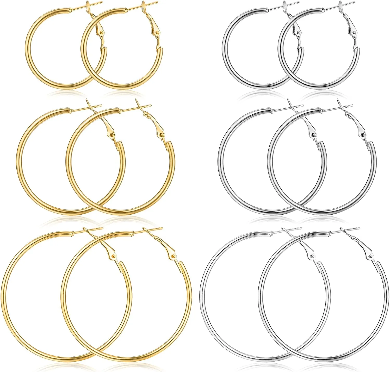 6 Pairs Gold Silver Hoop Earrings for Women, 14K Gold Plated Stainless steel Hoop Earring for Women, Lightweight Hypoallergenic Dainty Hoop Earrings Set