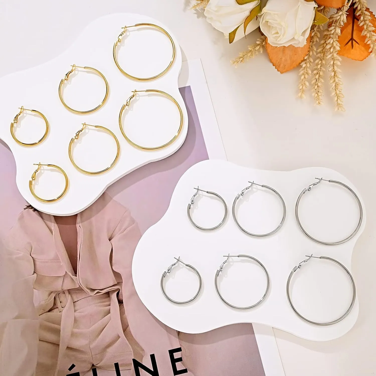 6 Pairs Gold Silver Hoop Earrings for Women, 14K Gold Plated Stainless steel Hoop Earring for Women, Lightweight Hypoallergenic Dainty Hoop Earrings Set