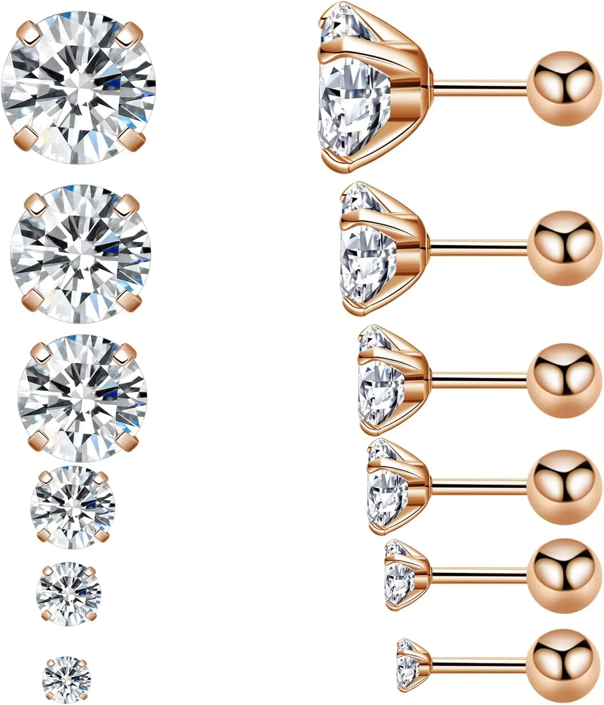 6 Pairs Titanium Screw Back Cubic Zirconia Stud Earrings, Women Men Hypoallergenic Stud Earrings set, Stainless Steel Hypoallergenic for Sensitive Ears Simulated Diamond Cartilage