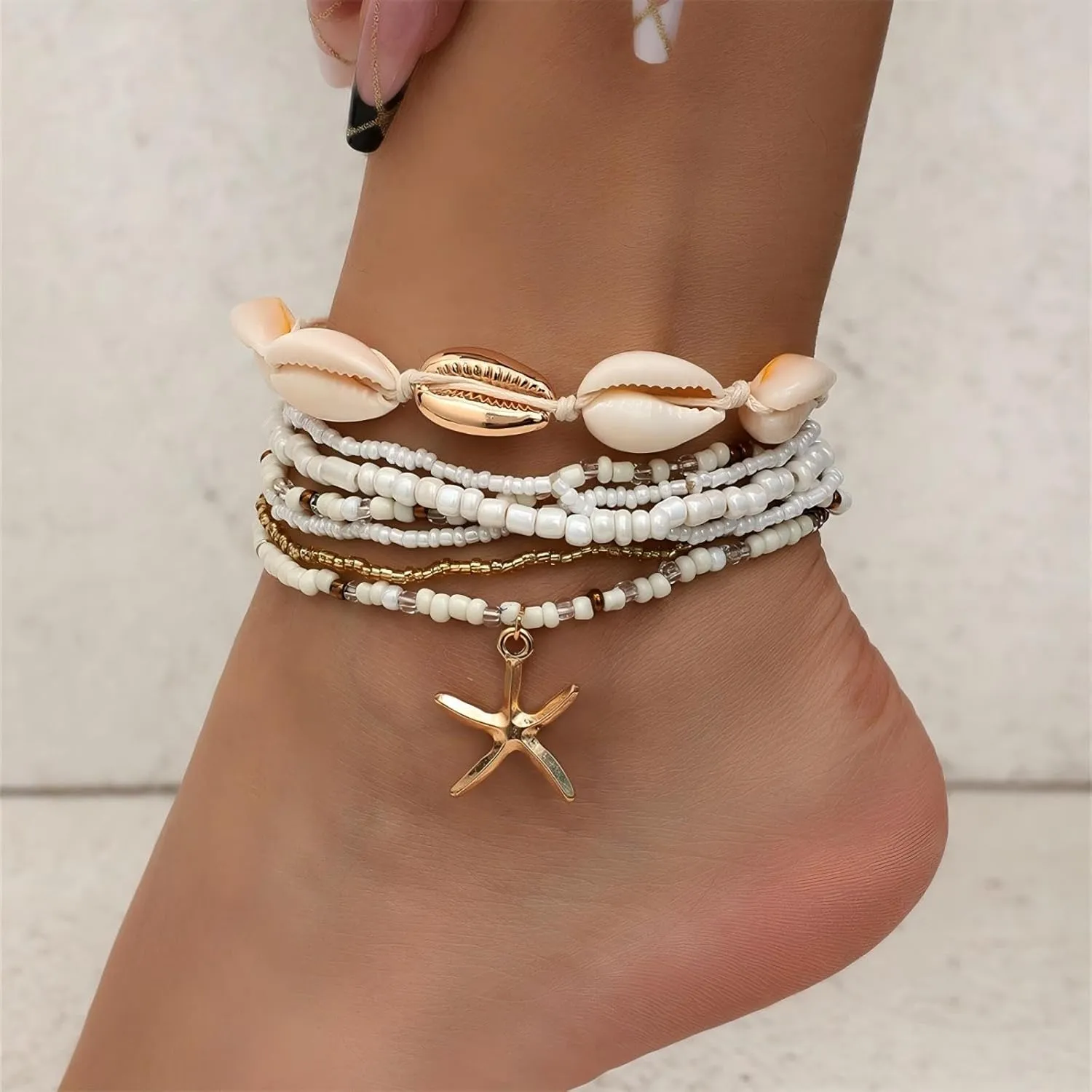 7 PCS Boho Natural Shell Anklet Bracelet for Women14k Gold Ankle Bracelets for WomenHawaiian Beach Seashell Pearl Heart Starfish Conch Foot Jewelry Gifts
