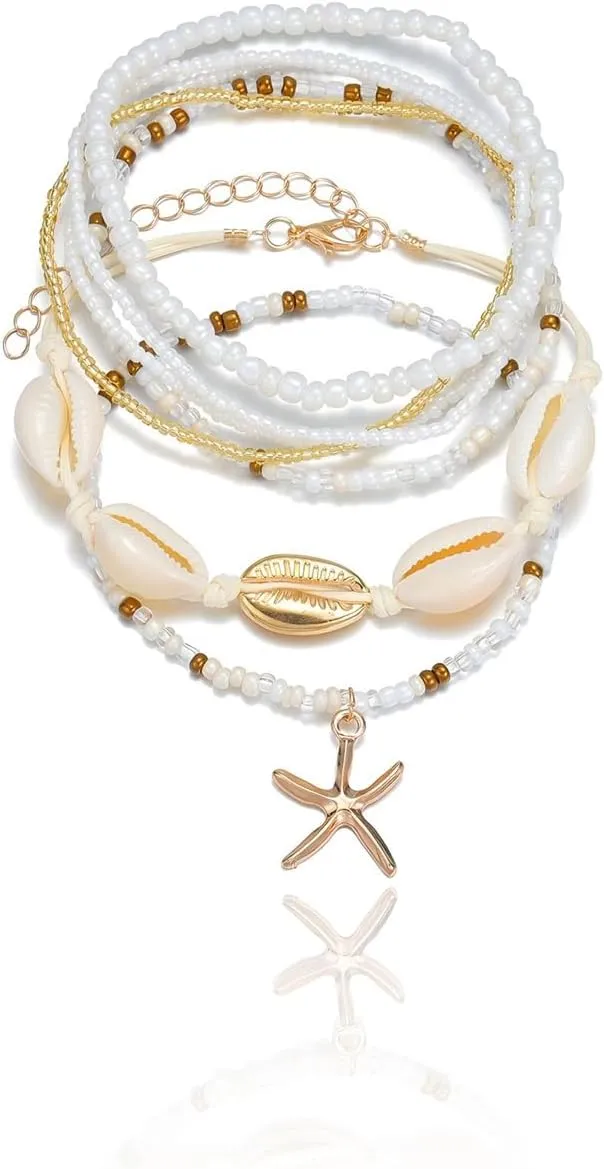 7 PCS Boho Natural Shell Anklet Bracelet for Women14k Gold Ankle Bracelets for WomenHawaiian Beach Seashell Pearl Heart Starfish Conch Foot Jewelry Gifts