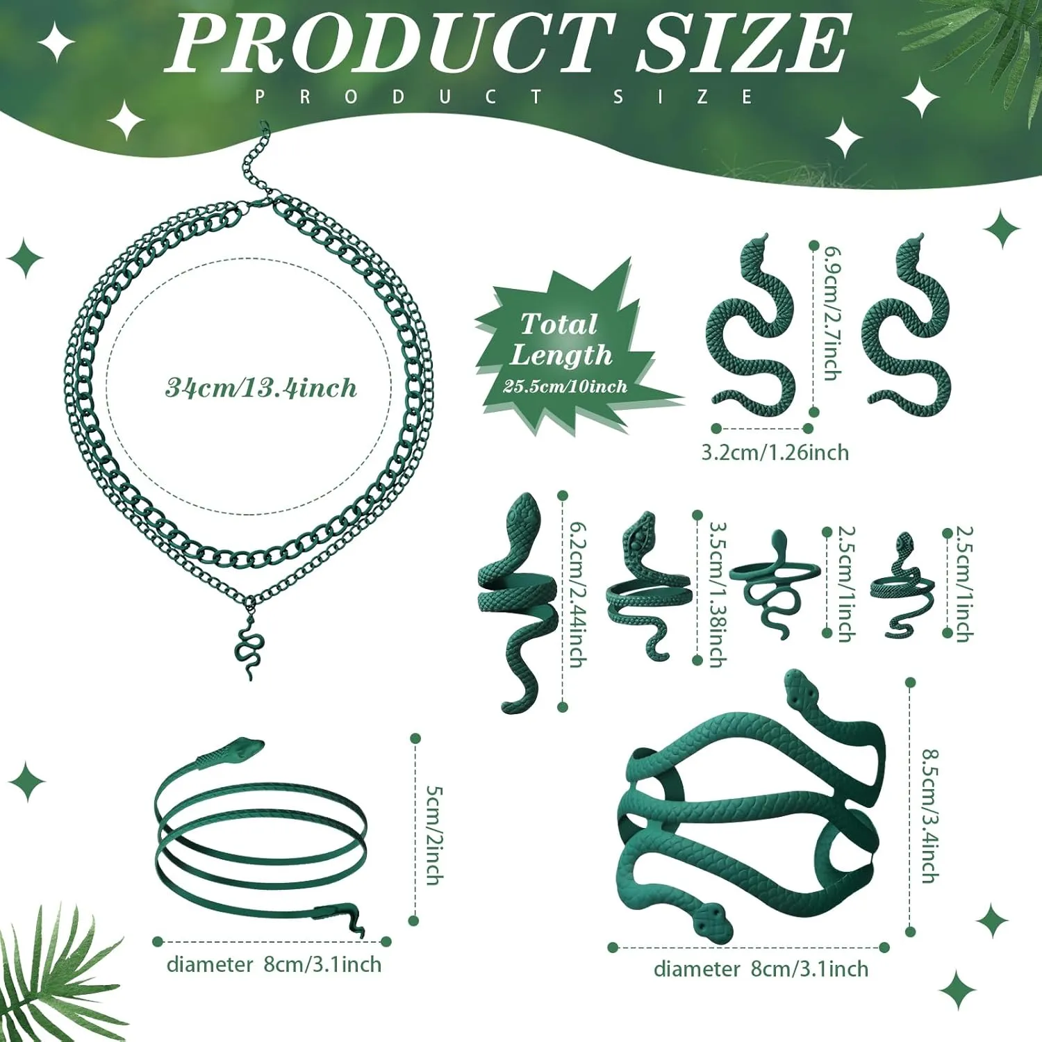 8 Pcs Snake Jewelry for Women, Egypt Style Snake Jewelry Necklace Earrings Armband Bracelet Rings for Halloween