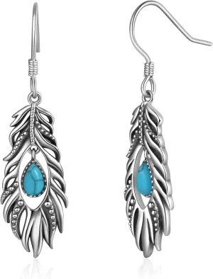 925 Sterling Silver Feathers Dangle Earrings - Turquoise Jewelry for Women BOho Vintage Earrings Western Jewelry Gifts