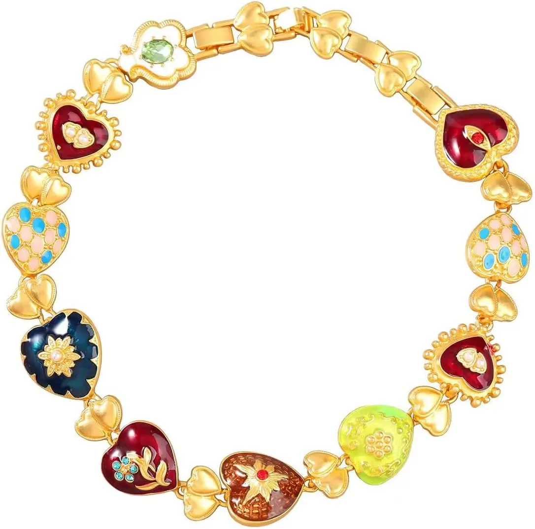 Ace of Hearts Choker, Colorful Heart Charm Choker Necklace, Gold-Plated with Crystals and Rhinestones