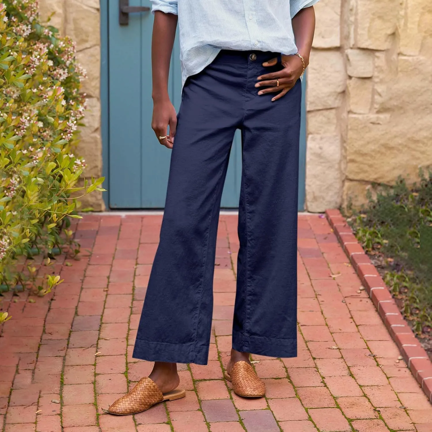 ADHOWBEW Capri Pants for Women Dressy Casual Wide Leg Trendy Summer High Waist Flowy Drawstring Lounge Slacks with Pockets