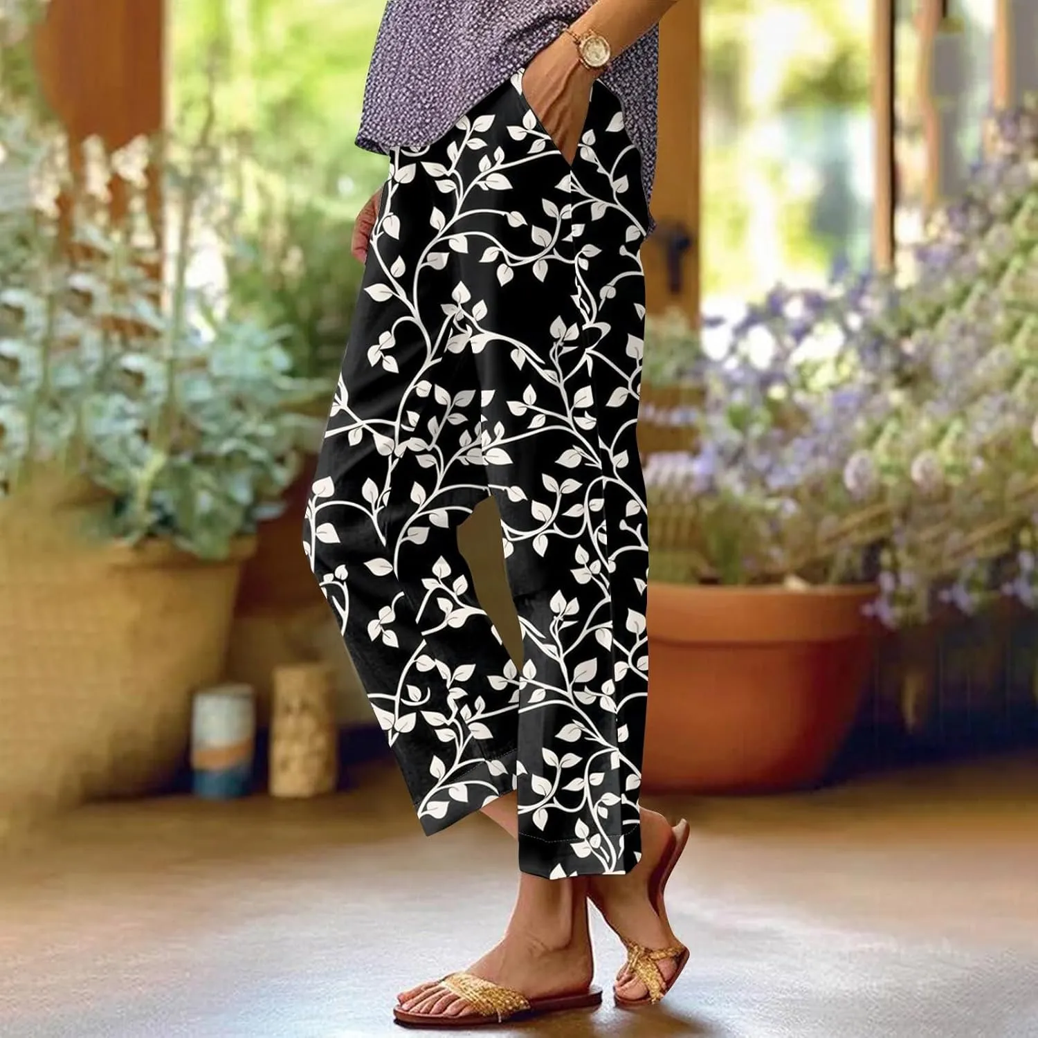 ADHOWBEW Palazzo Pants for Women Dressy Summer Dressy High Waist Relaxed Fit Bohemian Style Elastic Waist 2025 Bottoms