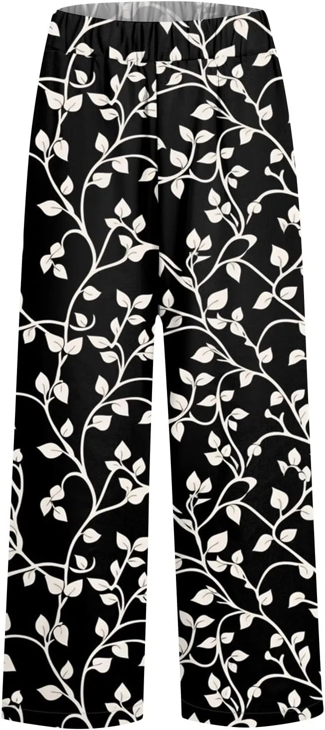 ADHOWBEW Palazzo Pants for Women Dressy Summer Dressy High Waist Relaxed Fit Bohemian Style Elastic Waist 2025 Bottoms