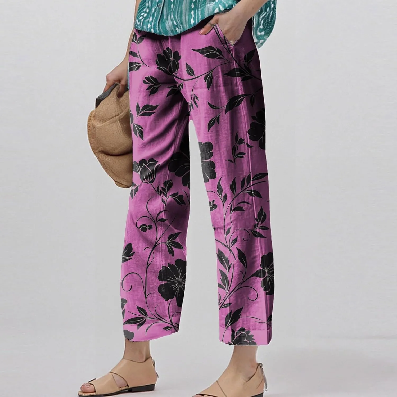 ADHOWBEW Palazzo Pants for Women Dressy Summer Dressy High Waist Relaxed Fit Bohemian Style Elastic Waist 2025 Bottoms