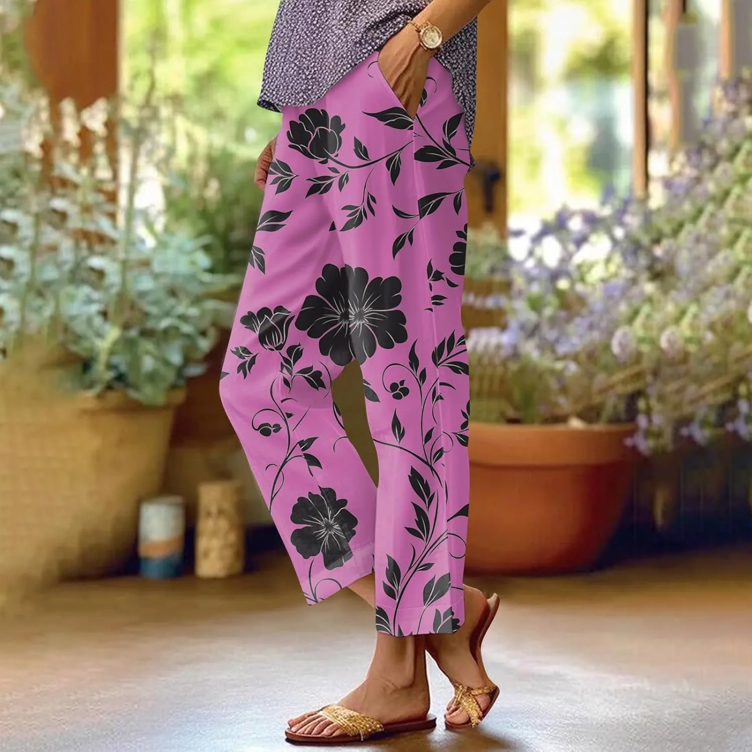 ADHOWBEW Palazzo Pants for Women Dressy Summer Dressy High Waist Relaxed Fit Bohemian Style Elastic Waist 2025 Bottoms