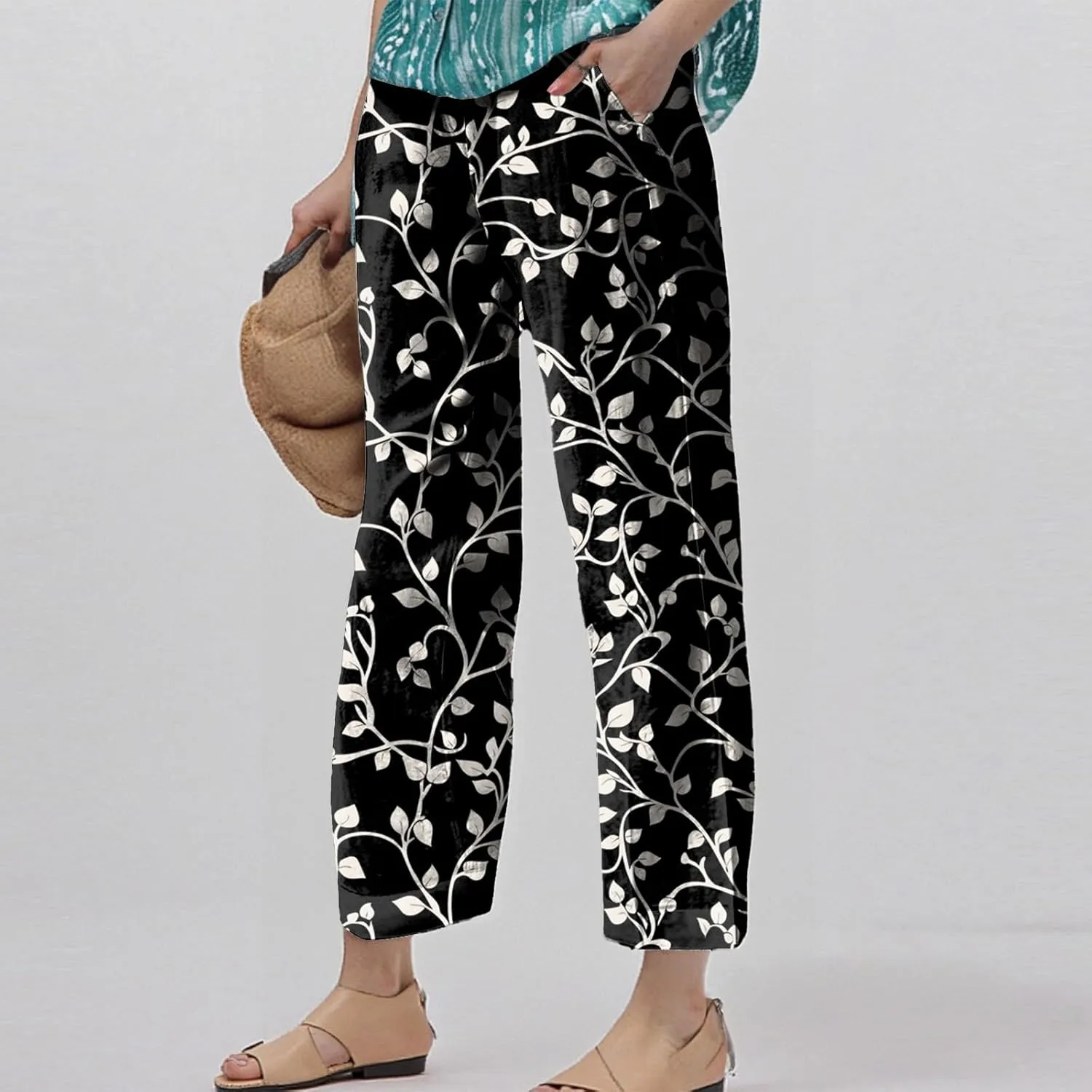 ADHOWBEW Palazzo Pants for Women Dressy Summer Dressy High Waist Relaxed Fit Bohemian Style Elastic Waist 2025 Bottoms