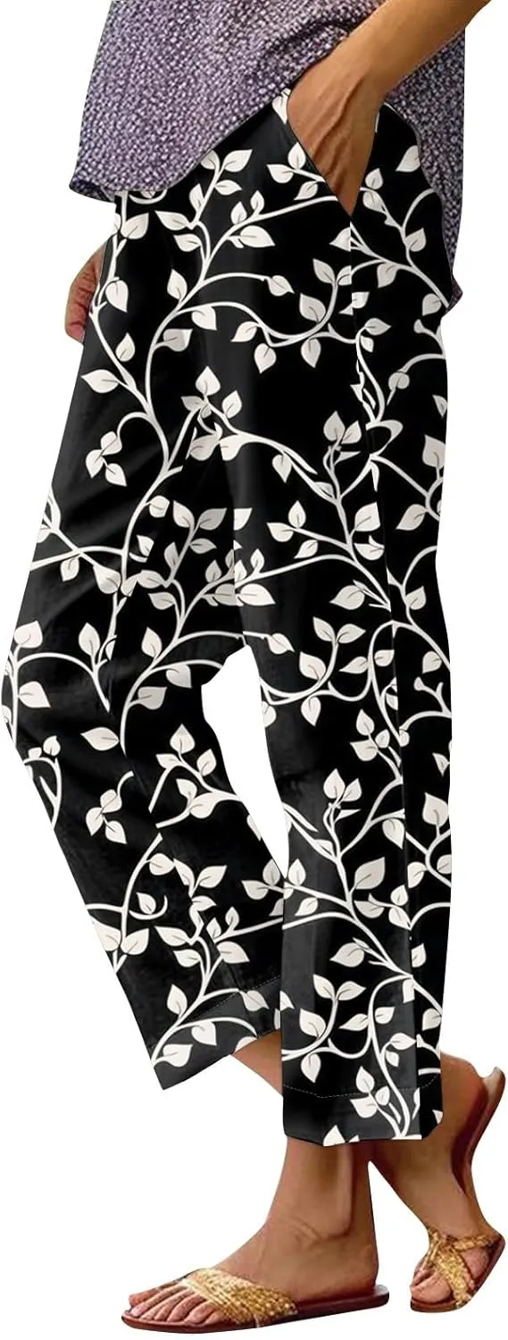ADHOWBEW Palazzo Pants for Women Dressy Summer Dressy High Waist Relaxed Fit Bohemian Style Elastic Waist 2025 Bottoms