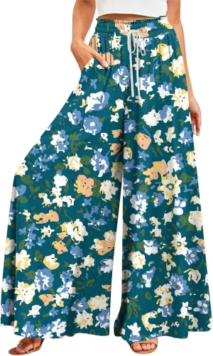 ADHOWBEW Wide Leg Dress Pants for Women Summer Casual Floral Bohemian Style Relaxed Fit Trendy 2025 Trousers