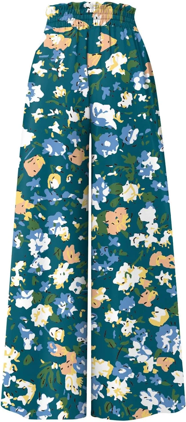 ADHOWBEW Wide Leg Dress Pants for Women Summer Casual Floral Bohemian Style Relaxed Fit Trendy 2025 Trousers