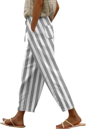 ADHOWBEW Women Capri Pants Drawstring Dressy Trendy Wide Leg Lounge Casual Comfy Cotton High Waist Bottoms with Pockets