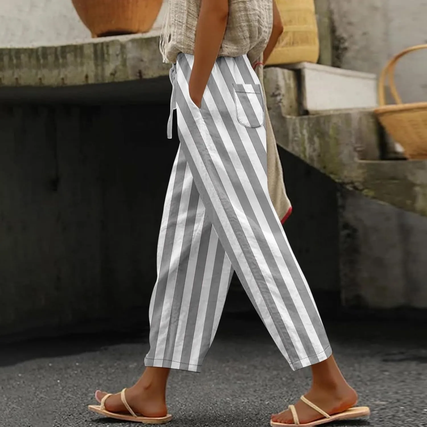 ADHOWBEW Women Capri Pants Drawstring Dressy Trendy Wide Leg Lounge Casual Comfy Cotton High Waist Bottoms with Pockets