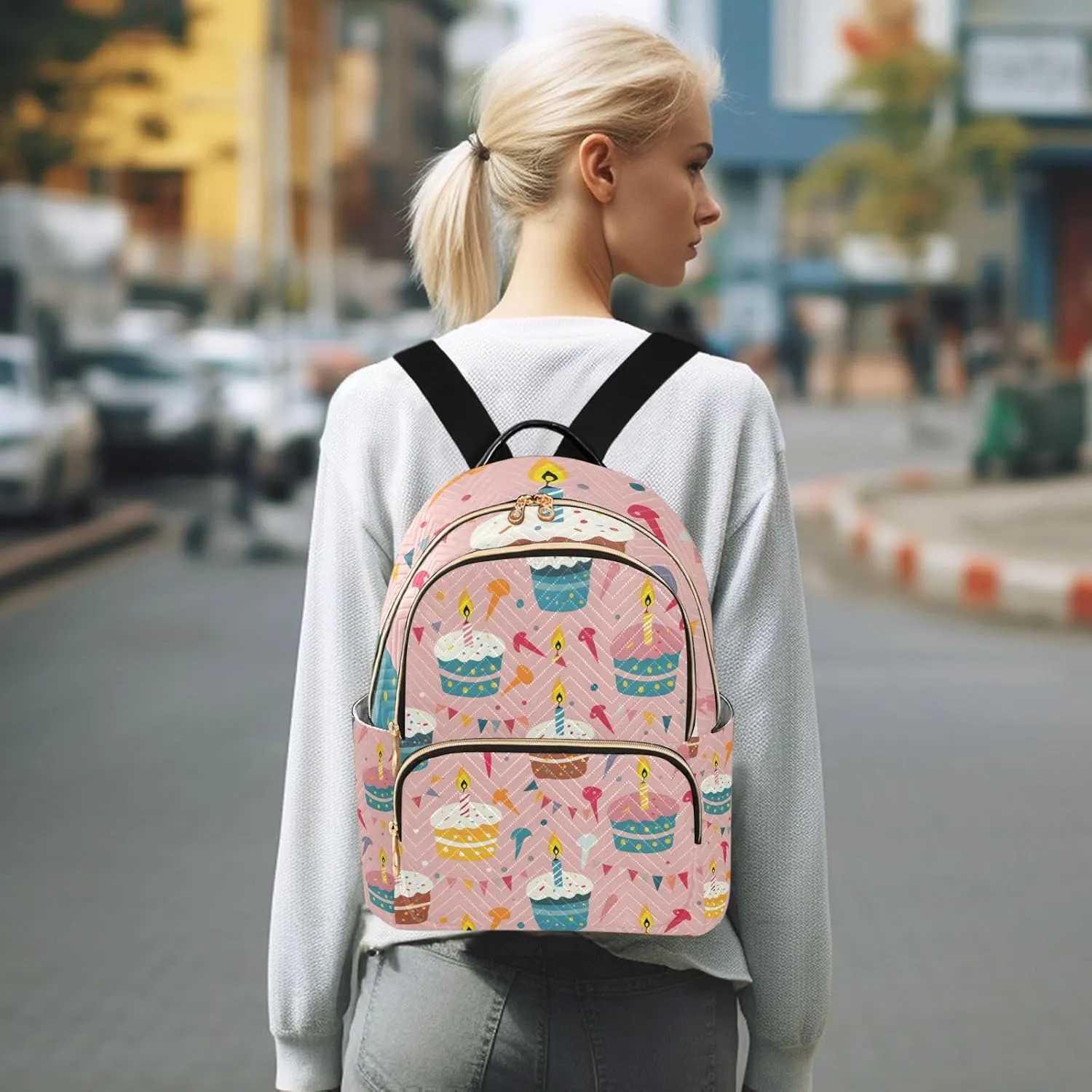 ALAZA Women Mini Backpack Purse Bag Lightweight Casual Daily Travel Backpack Birthday Cupcakes Back Pack Fashion Multipurpose Shoulder Bag,M